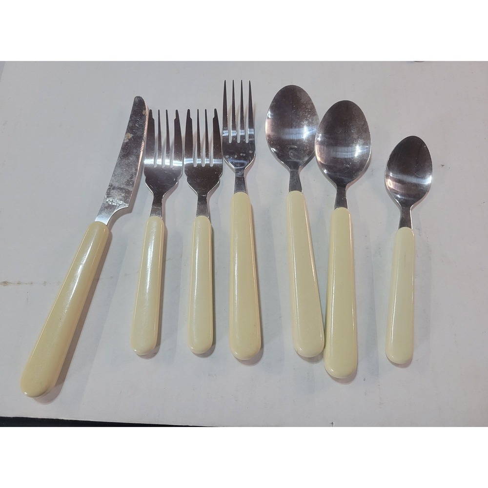 Vintage Stainless Steel Flatware Set‎ 7pc Cream Handles Retro MCM
